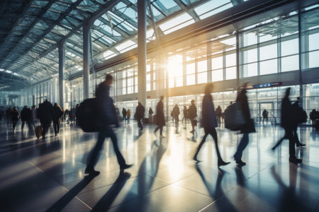 People walking through airport terminal. Airport rush of travelers walking briskly through the airport terminal, carrying luggage and looking focused as they head to their gatesの素材