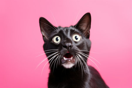 Funny playful cat flying, tabby cat jumping looking at camera on pink background, shorthair cat portrait looking shocked or surprisedの素材