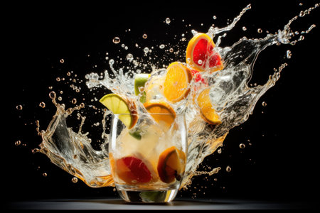 Freeze motion shot of fresh fruits with splashing water and glass on black background. Fruit in water splash, taste explosion, dynamic and flavorfulの素材