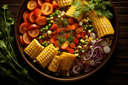 Vegetarian or vegan swicy dish plate, colorful, vegetarian cuisine. Sweet and spicy food in one dishの素材