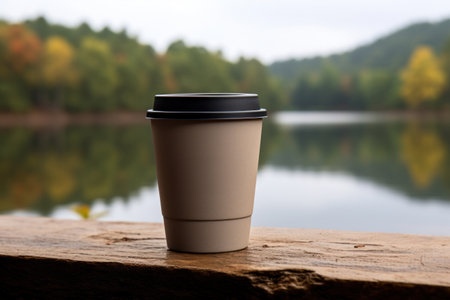 Paper disposable coffee cup mockup on wooden table with the lake and mountain background. Take away, coffee shop concept. Close-up, copy space, mock upの素材