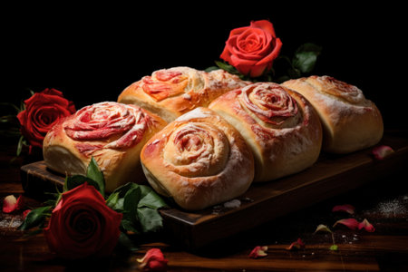Painted bread close up decorated with flowers. Freshly baked handmade sourdough bread with golden crust on wooden board. Baker shop concept with delicious bread. Pastry items.の素材