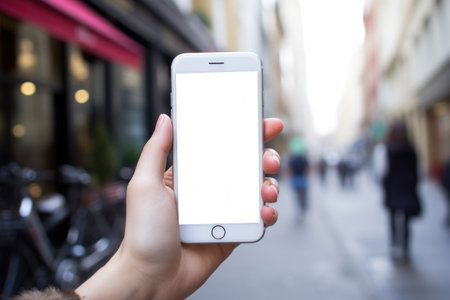 Man using smartphone in vertical position, mockup template. Hand holding mobile phone on city panorama backgroundの素材
