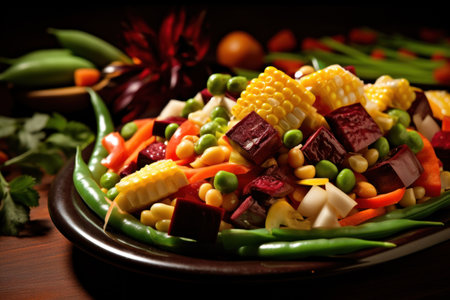 Vegetarian or vegan swicy dish plate, colorful, vegetarian cuisine. Sweet and spicy food in one dishの素材