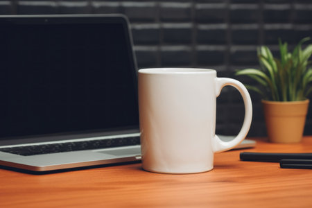 White mug mockup with hot chocolate or coffee workspace table. Cup mock up showcaseの素材