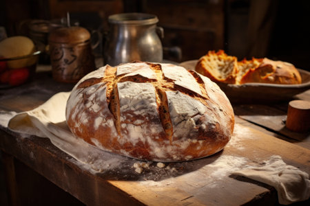 Freshly baked handmade sourdough bread with golden crust top view, bakery concept. Baker shop concept with delicious bread. Pastry itemsの素材