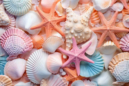 Starfish and various seashells macro background. Sshells have different shapesの素材