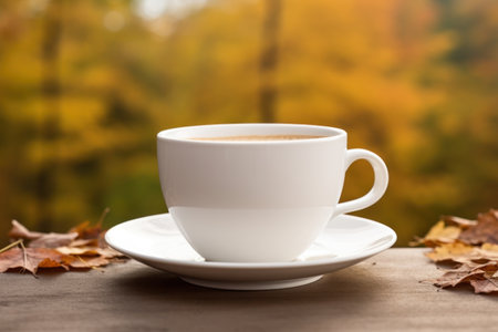 White cup mockup with hot chocolate or coffee on autumn nature background. Mug mock up closeupの素材