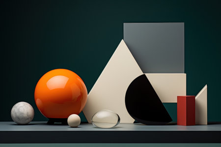 Contrasting geometric shapes and objects, still life. Cosmetic product showcase, podium, stage against orange backgroundの素材