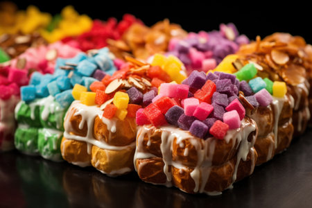 Appetizing fresh cube croissant with colourful topping on black background, delicious pastryの素材