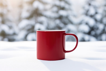 White cup mockup with hot chocolate or coffee at ski resort winter or Christmas. Mug mock up, New year celebrationの素材