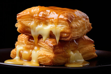 Appetizing fresh cube croissant with cream on black background, pastry on plateの素材