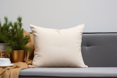 Square canvas pillow mockup on grey sofa, small cotton cushion mockup in living room interior with minimalist furniture, lush green indoor plantsの素材