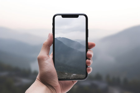 Photo of mountains and hills on the phone screen. Man holding smartphone and making pictureの素材