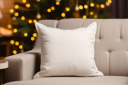 Square canvas pillow mockup on grey sofa, small cotton cushion mockup in living room interior with minimalist furniture, lush green indoor plantsの素材