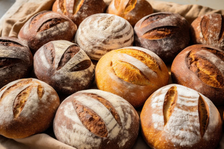Freshly baked handmade sourdough bread with golden crust top view, bakery concept. Baker shop concept with delicious bread. Pastry itemsの素材