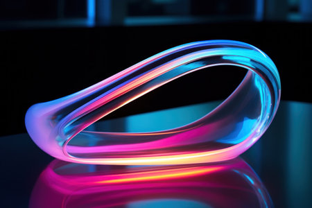 Neon curved acrylic object with vibrant neon accents and colorful filters adding dynamic visual effect. Neon-lit and dynamic, emphasizing the play of colors and shapesの素材