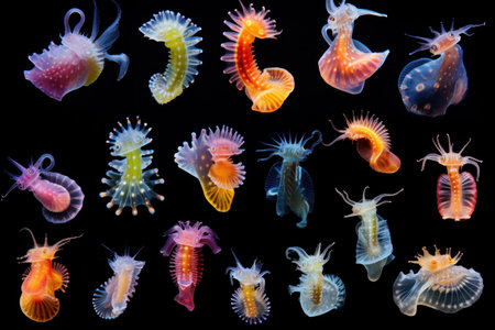 Small marine creatures macro on black background, seahorses closeupの素材