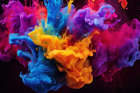 Liquid explosion of colorful paint on dark background, rainbow burst of colorsの素材