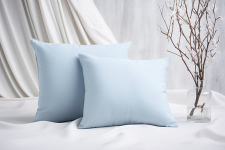 Square canvas pillow mockup on grey sofa, small cotton cushion mockup in living room interior with minimalist furniture, lush green indoor plantsの素材