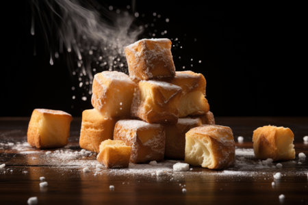 Appetizing fresh cube croissant with cream on black background, pastry on plateの素材