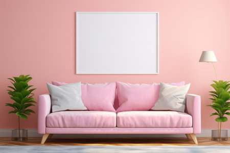 Poster mockup in modern minimalist living room interior with pink decor. Frame mock up, blank artwork templateの素材