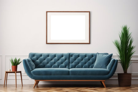 Poster mockup in modern mid-century living room interior with sofa. Frame mock up artwork templateの素材
