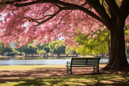Tranquil scene of an empty park bench under a tree with pink blossoms, surrounded by lush green grass and trees in the backgroundの素材