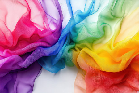 Colorful fabric texture in rainbow gradient background with soft flowing folds. Abstract vibrant cloth pattern for creative design concepts.の素材