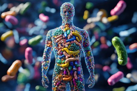 Microbiome bacteria probiotic gut. Conceptual representation of diverse bacteria composing human microbiome, illustrating gut health, science and modern wellness trends.の素材