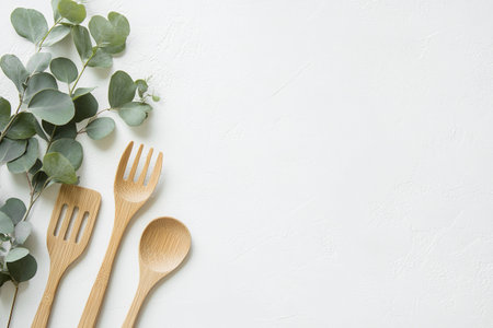 Kitchen utensils and eucalyptus leaves arranged on white background, eco friendly bamboo cutlery, minimalist table setting concept.の素材
