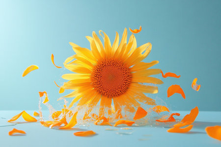Sunflower with petals bursting in splash against blue background. Creative abstract concept with vivid yellow flower and dynamic motion.の素材
