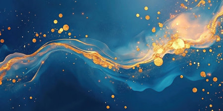 Gold abstract background with flowing shimmer wave and floating textured gold particles on blue. Luxury artistic design conceptの素材