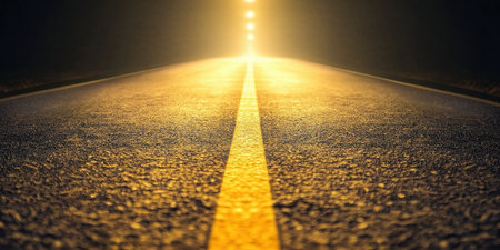 Road illuminated with yellow lights and central line leading into the glowing distance, symbolizing journey, guidance and direction.の素材
