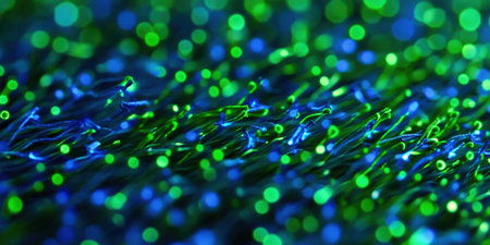 Fiber optic strands glowing blue and green in abstract closeup. Modern network technology background with illuminated pattern effect.の素材