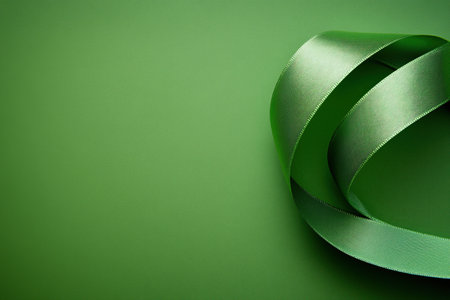 Green satin ribbon curled on vibrant green background with copy space. Minimal decorative concept for celebration or holiday designの素材