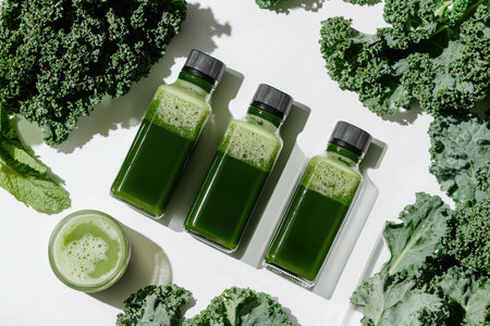 Green juice bottles with fresh kale leaves on white background. Healthy cold pressed drink for wellness, organic nutrition and detox cleanse concept.の素材