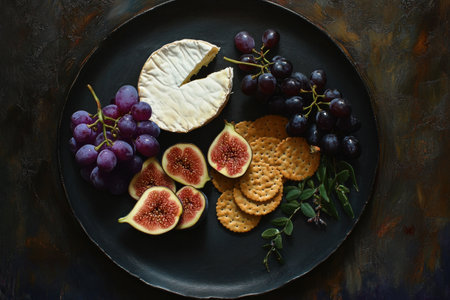 Cheese round with grapes, figs, crackers and herbs on dark plate. Gourmet appetizer snack board with fresh fruit and cheese combination.の素材