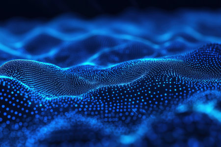 Digital abstract wave with blue dots creating a futuristic pattern. Modern technology background depicts data, network and innovation concepts.の素材