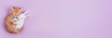 Kitten and bunny curled up together on pastel pink background. Cozy scene highlighting fluffy fur and gentle friendship between animalsの素材