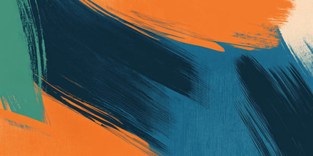Abstract brush stroke texture with bold orange blue and green colors creating vibrant modern background for creative design.の素材