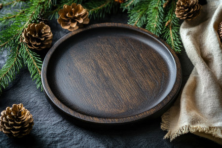 Empty wooden plate surrounded by pine cones fir branches on festive holiday table top view. Christmas decoration rustic dining concept.の素材