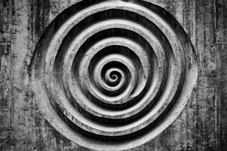 Spiral pattern embedded in concrete wall with textured surface and geometric design. Abstract concept for architecture backgrounds.の素材