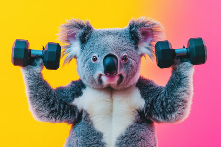 Koala holding dumbbells in both paws with colorful vibrant background. Concept of fitness, exercise and wellness. Australian animal portrait ideal for health campaigns.の素材