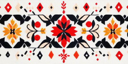 Floral pattern embroidery with folk traditional ethnic motifs in red black yellow and white on textile fabric. Craft and decorative design element inspiration.の素材