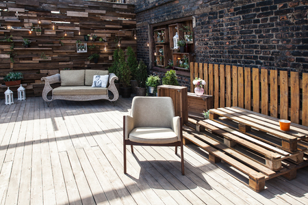 wooden terrace decorated in holidayの写真素材