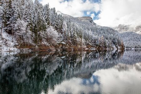 Beautiful  mountain lake in the Alps in snow.の写真素材