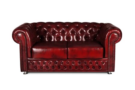 leather chester brown sofa isolated on whiteの写真素材