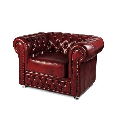leather chester brown sofa isolated on whiteの写真素材