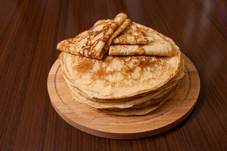 Thin pancakes with crispy crust. Maslenitsa. Pancakes for breakfast and carnival. の写真素材